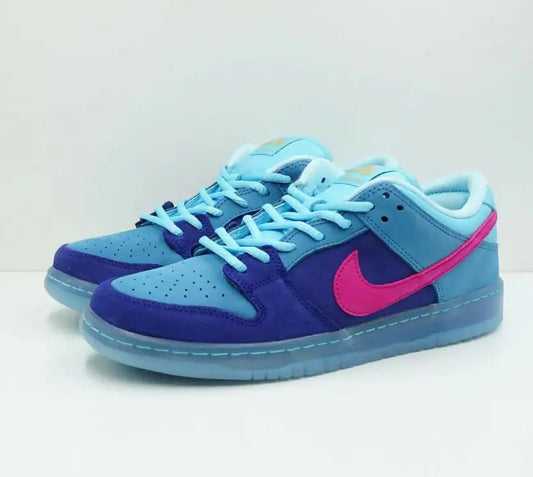 Sb Dunk Low Run The Jewels sneakers with blue, purple, pink accents and light blue laces for fast shipping