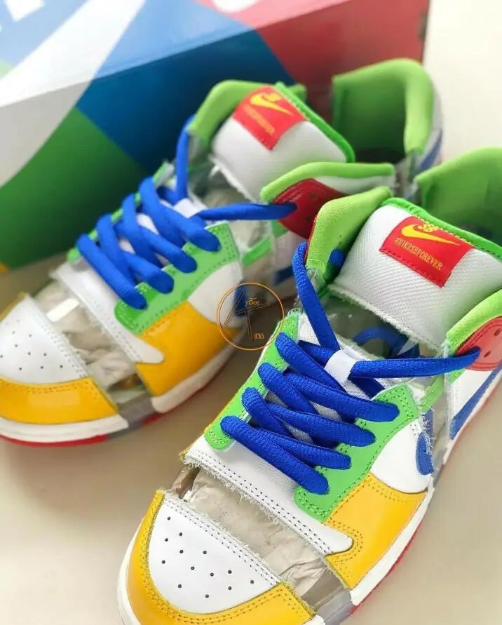 Colorful Nike SB Dunk Low Sandy Bodecker sneakers with clear plastic panels and blue laces, fast shipping