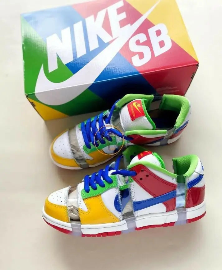 Deconstructed Multi-Colored Nike SB Dunk Low Sandy Bodecker Sneakers with Clear Sections, Fast Shipping