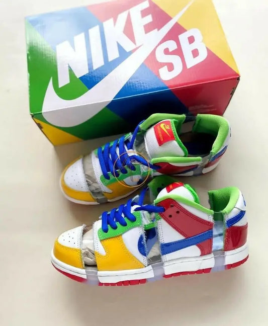 Deconstructed Multi-Colored Nike SB Dunk Low Sandy Bodecker Sneakers with Clear Sections, Fast Shipping