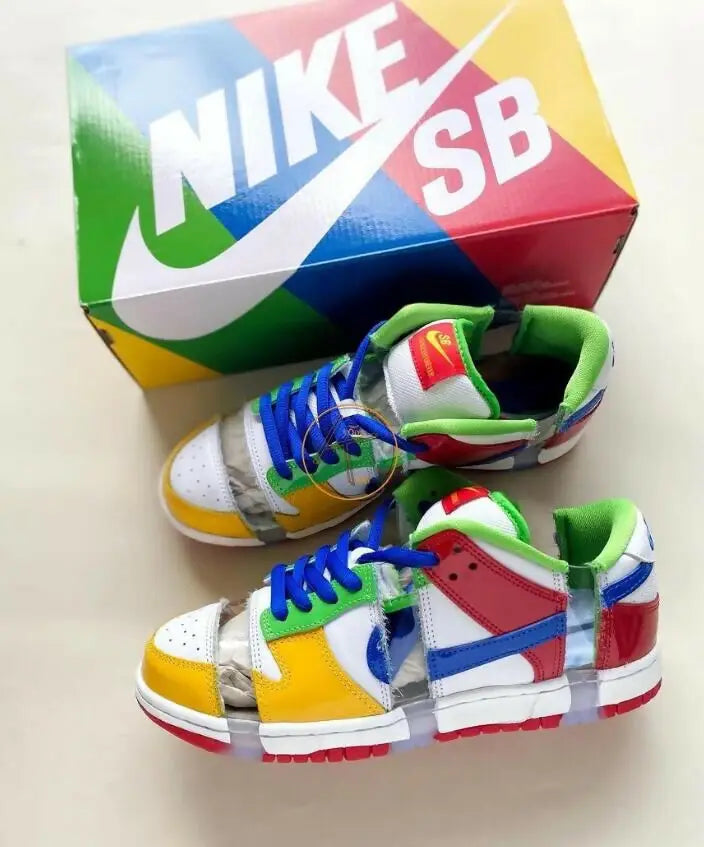 Colorful Nike SB Dunk Low Sandy Bodecker sneakers with matching shoebox, fast shipping available