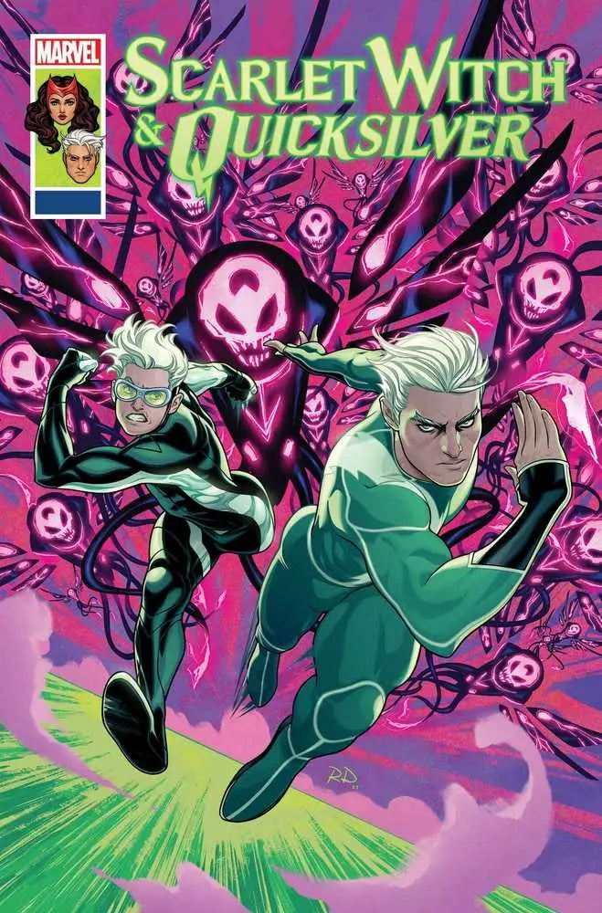 Comic book cover of Scarlet Witch and Quicksilver #3 with vibrant colors and skull symbols