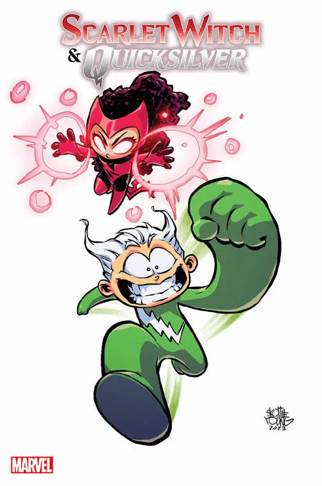 Chibi-style Comic Book Cover Art of Scarlet Witch and Quicksilver for Trading Cards