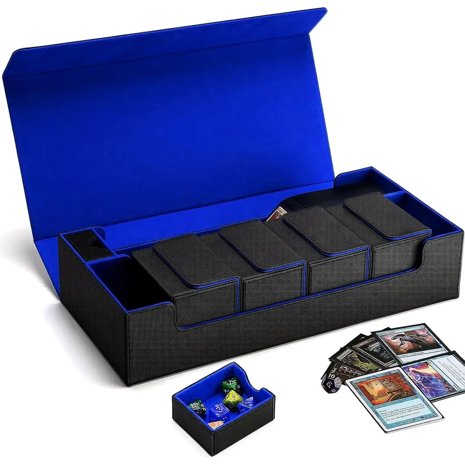 Black and blue deck case with strong magnet closure for TCG and sport cards