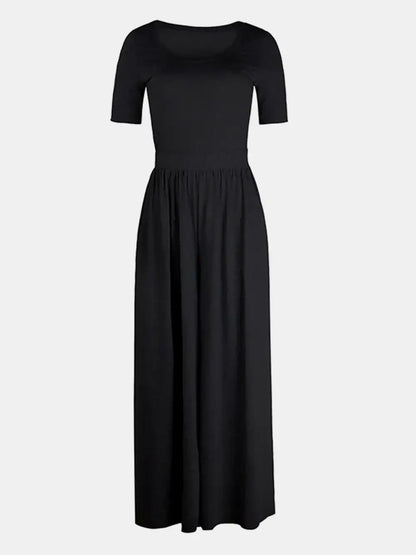 Scoop Neck Short Sleeve Jumpsuit - Short Sleeve Jumpsuit