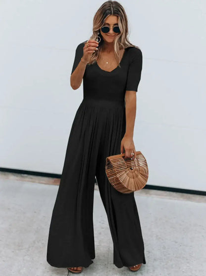Scoop Neck Short Sleeve Jumpsuit - Black / S - Short Sleeve Jumpsuit