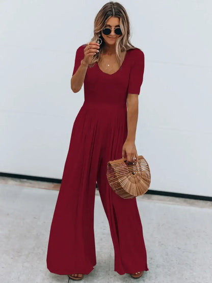 Scoop Neck Short Sleeve Jumpsuit - Burgundy / S - Short Sleeve Jumpsuit