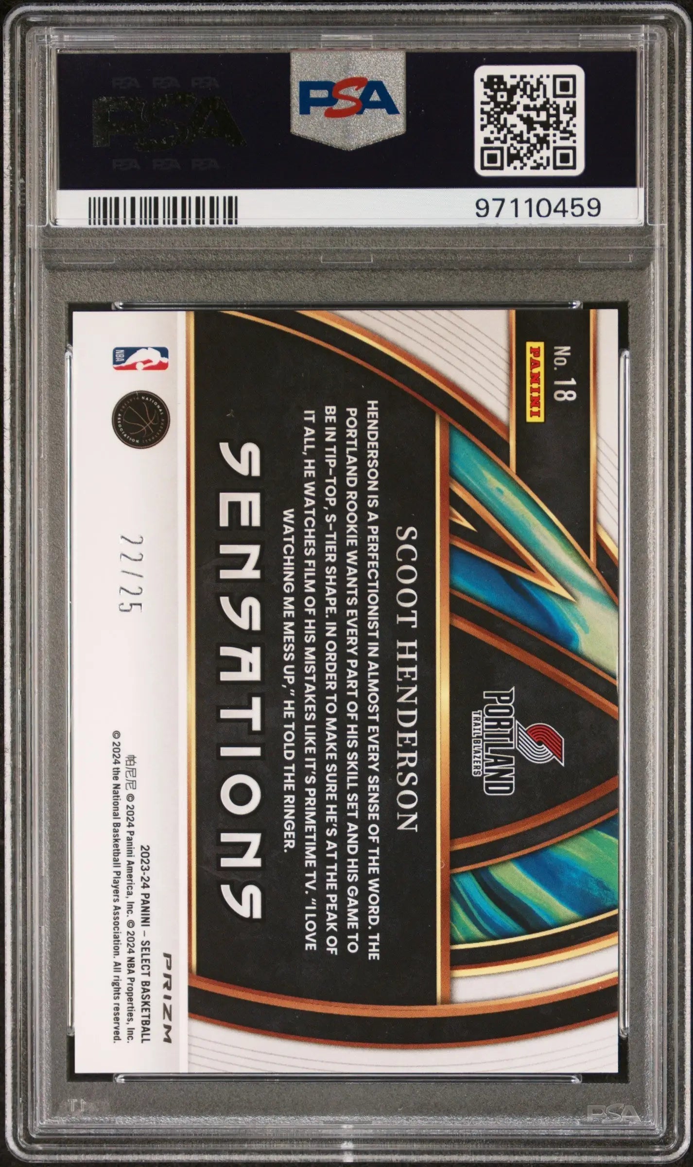 PSA-graded Scoot Henderson 2023 Panini Select Sensations Tie-Dye card in protective case