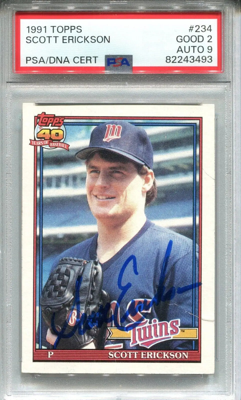 Graded Scott Erickson trading card with autographed PSA/DNA certification from 1991 Topps