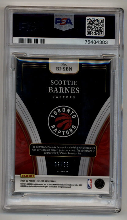 Graded Scottie Barnes Toronto Raptors basketball trading card with mint auto and select rookie relic