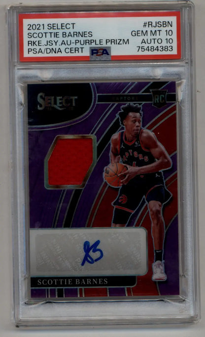 Scottie Barnes 2021 Select Purple Prizm Rookie Relic Auto PSA 10 mint auto gem mint