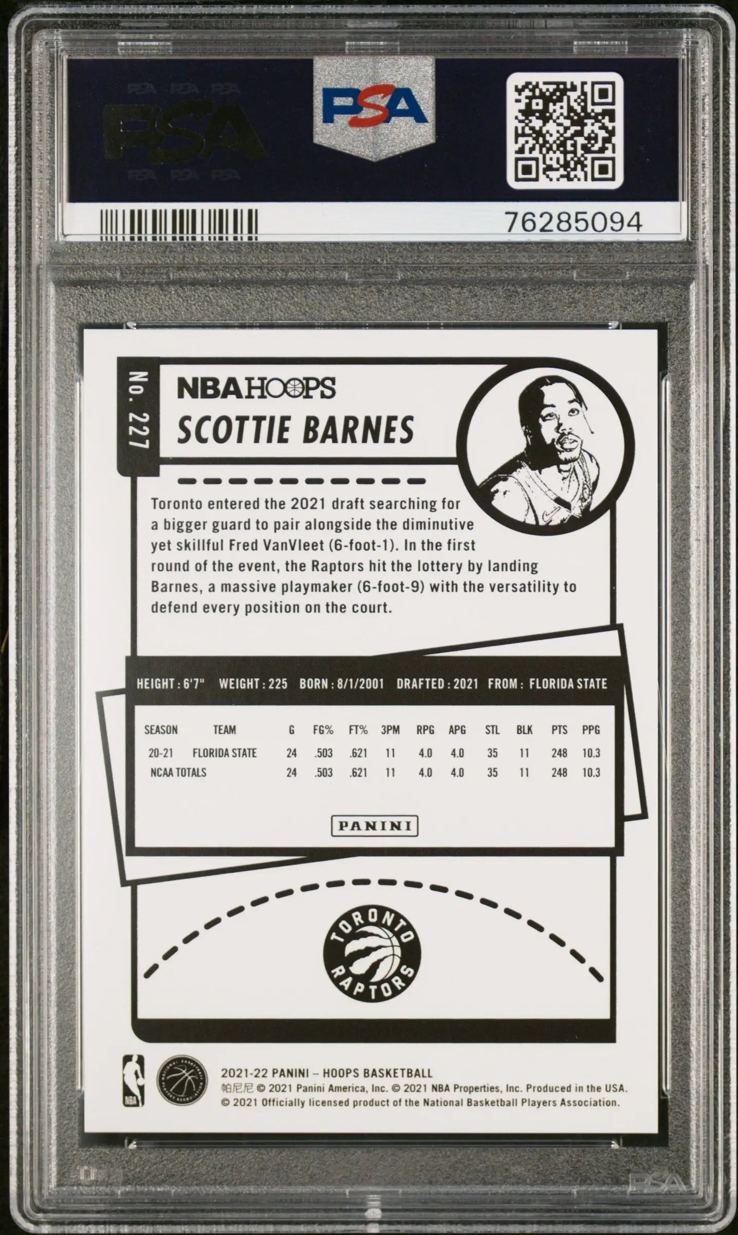 PSA-graded Scottie Barnes Panini Hoops Artist Proof rookie basketball card in Gem Mint condition