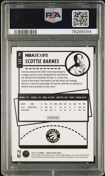 PSA-graded Scottie Barnes Panini Hoops Artist Proof rookie basketball card in Gem Mint condition