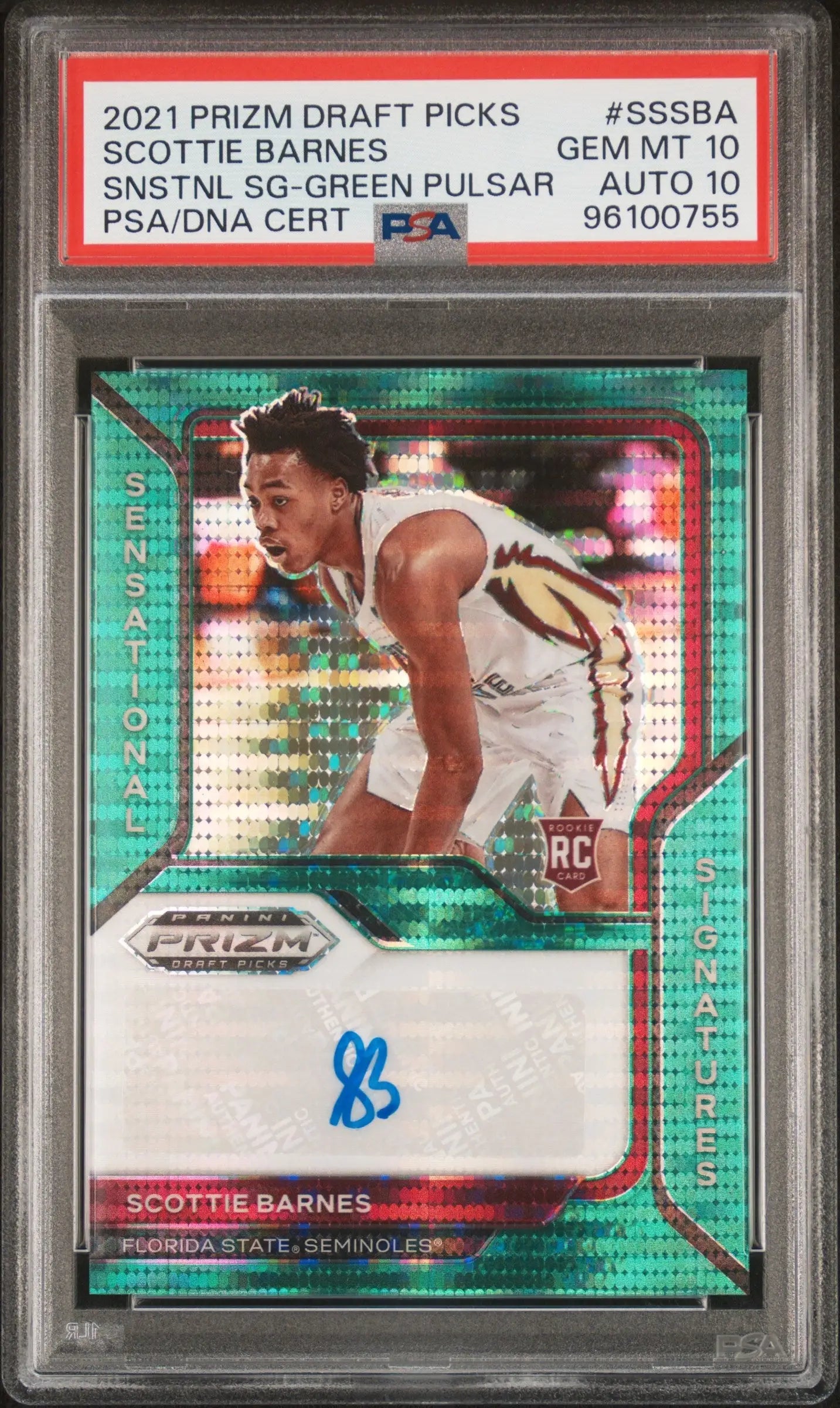 Scottie Barnes 2021 Prizm Draft Green Pulsar rookie card PSA 10 auto