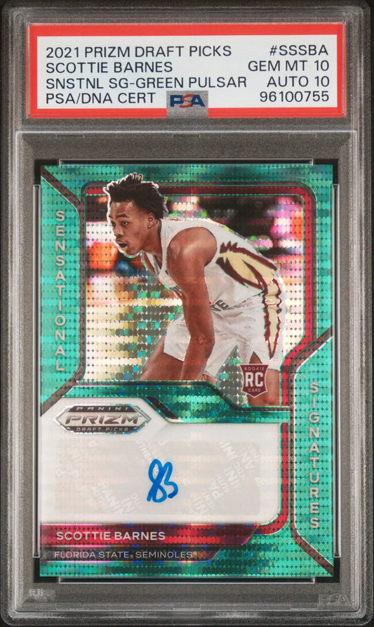 Scottie Barnes 2021 Prizm Draft Green Pulsar rookie card PSA 10 auto