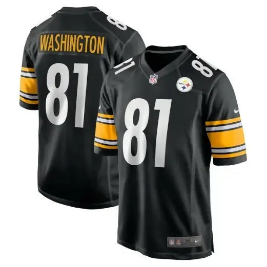 Black Pittsburgh Steelers Nike Game Jersey with yellow and white striped sleeves and number 81