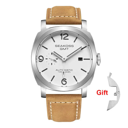 Silver watch with tan leather strap featuring super luminous dial and sapphire crystal