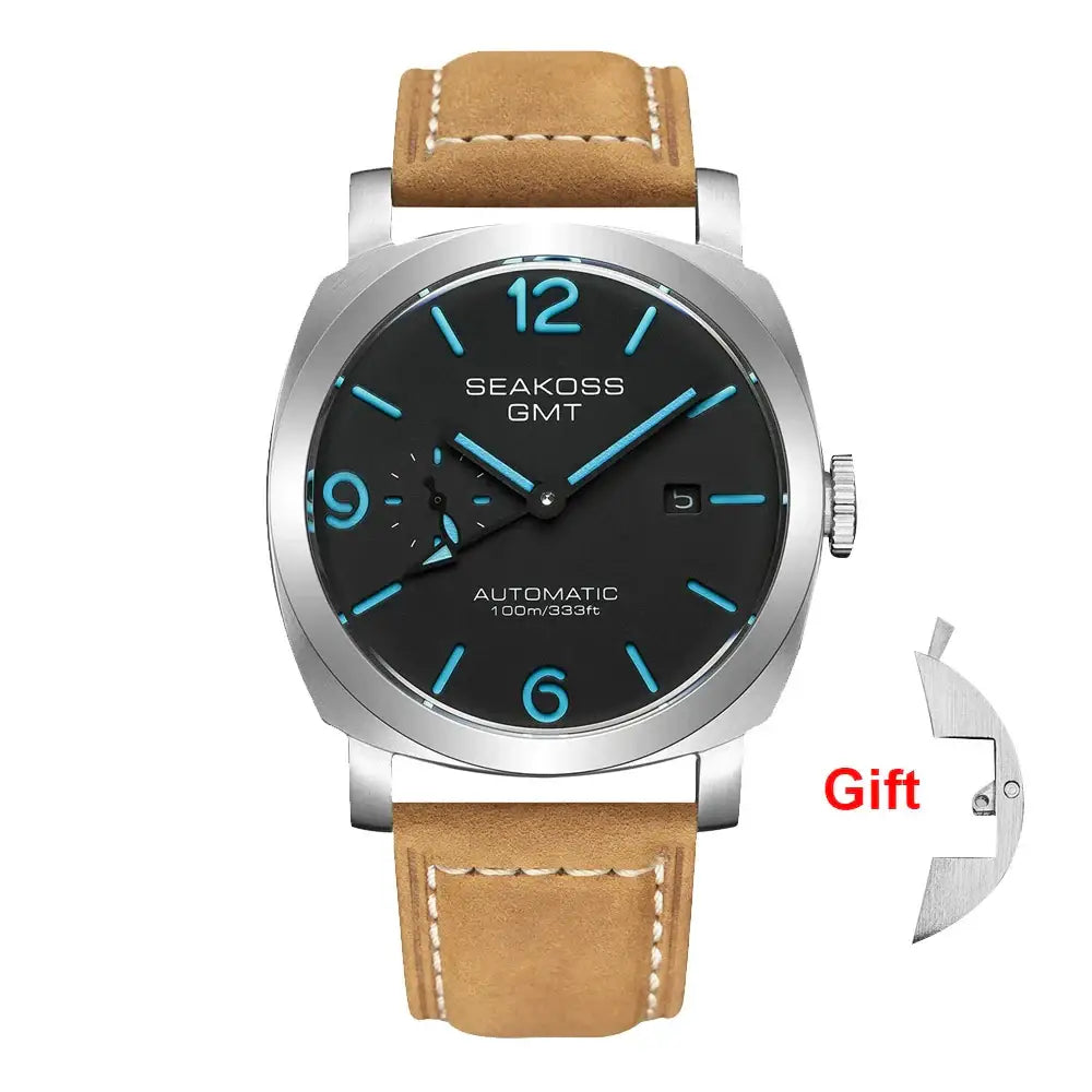 Silver watch with tan leather strap showcasing super luminous dial and sapphire crystal