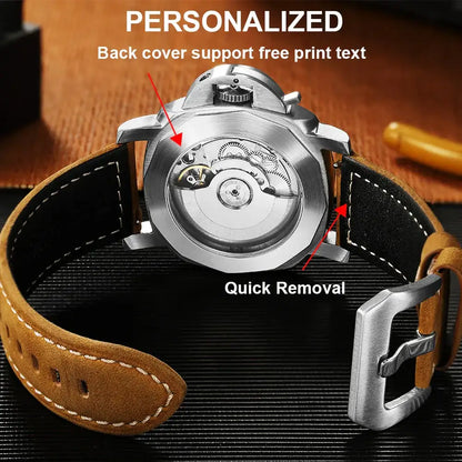 Exposed-mechanism SEAKOSS GMT diving watch with super luminous details and leather band