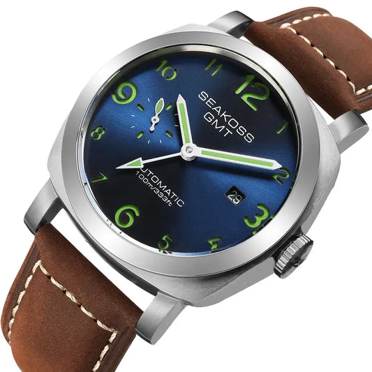 Square-cased automatic self-wind wristwatch with super luminous dial and brown leather strap
