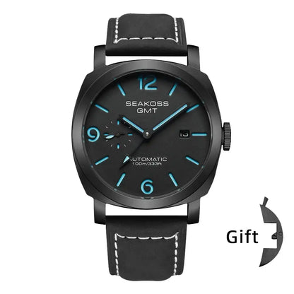 Black wristwatch with blue accents featuring super luminous markers and sapphire crystal