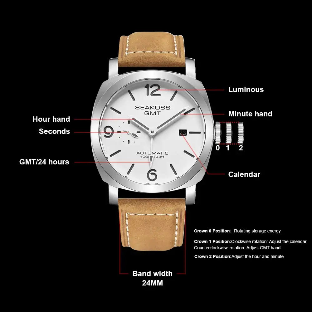 Silver and tan automatic self-wind GMT wristwatch with super luminous dial and sapphire crystal