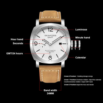 Silver and tan automatic self-wind GMT wristwatch with super luminous dial and sapphire crystal
