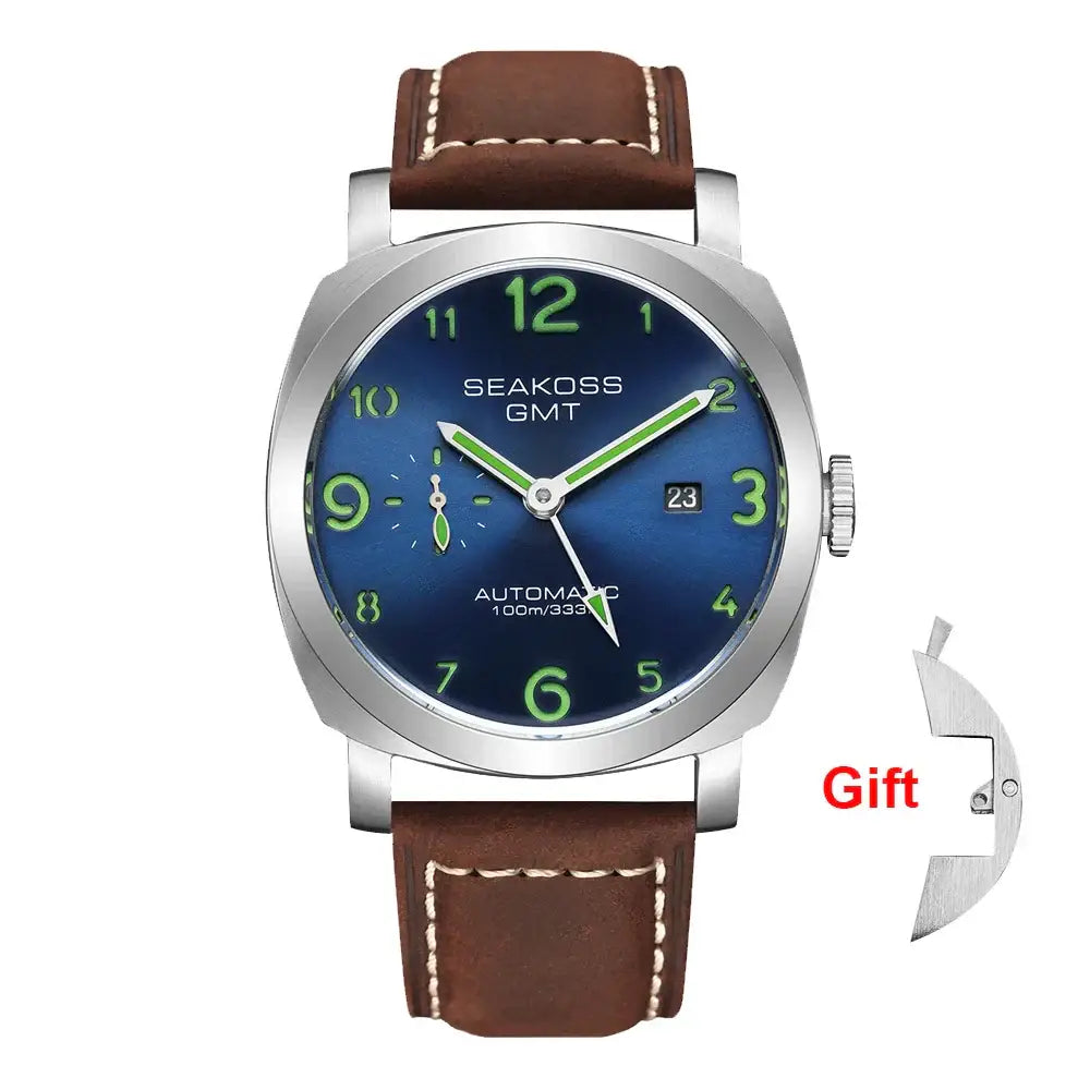 Blue-faced automatic self-wind wristwatch with super luminous dial and brown leather strap