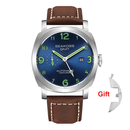 Blue-faced automatic self-wind wristwatch with super luminous dial and brown leather strap