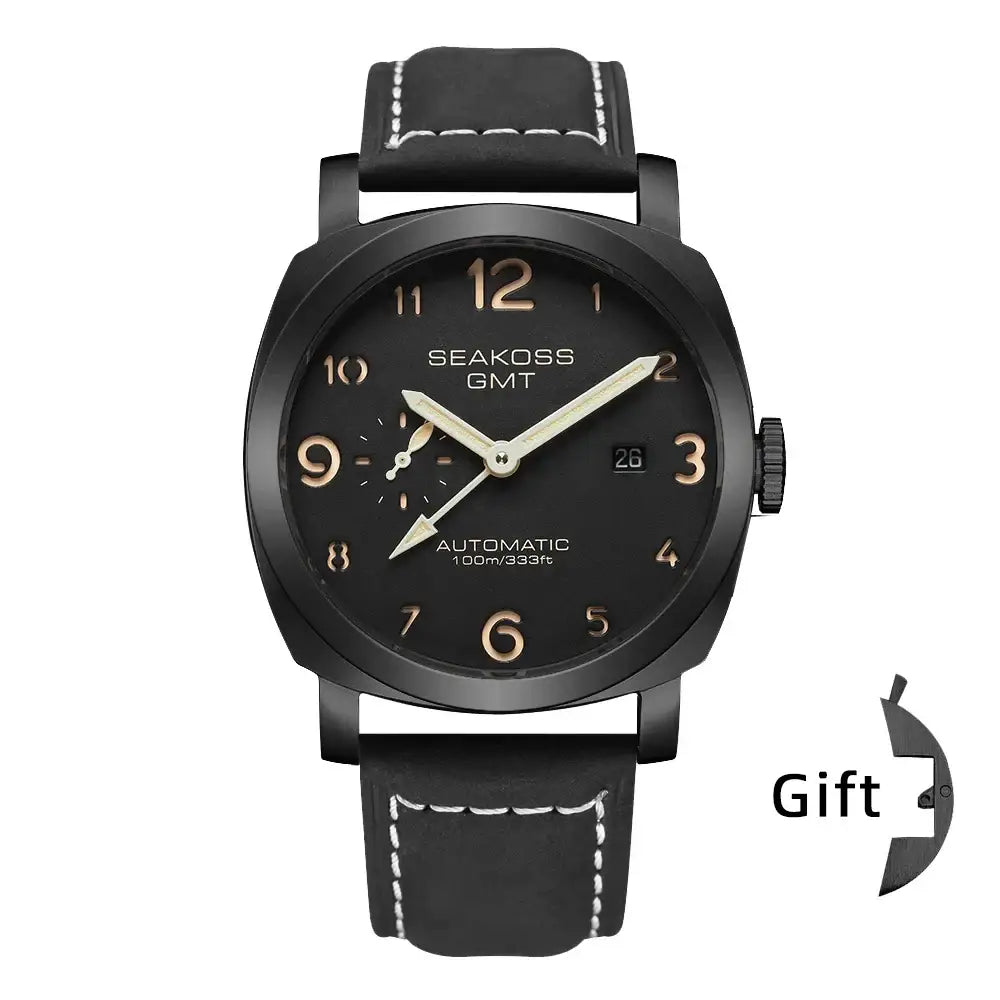 Black automatic wristwatch with leather band featuring super luminous dial and sapphire glass