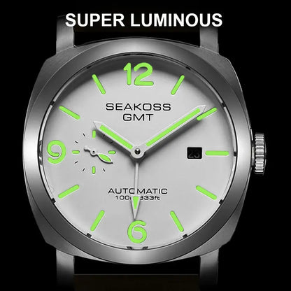 Luminous Seakoss GMT automatic self-wind diving watch with sapphire crystal and stainless steel strap