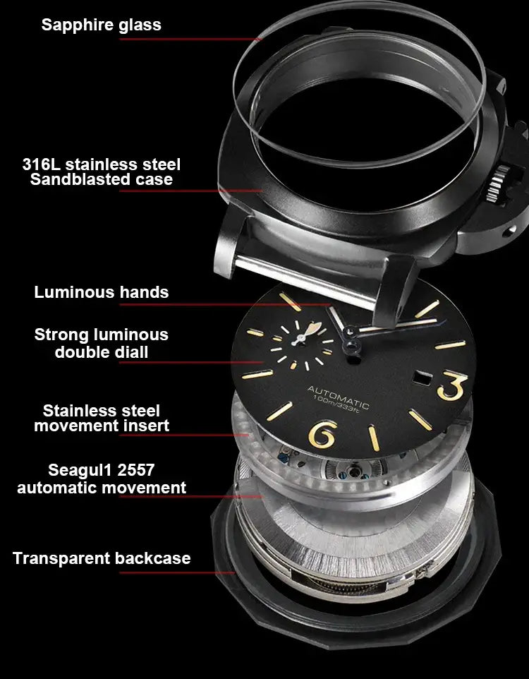 Exploded view of SEAKOSS GMT Diving watch showing sapphire glass, stainless steel case, super luminous hands, and automatic self-wind movement