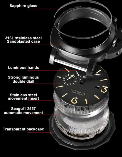 Exploded view of SEAKOSS GMT Diving watch showing sapphire glass, stainless steel case, super luminous hands, and automatic self-wind movement