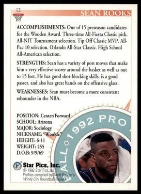 Sean Rooks basketball card from Star Pics 1992, featuring Sean Rooks and Arizona Wildcats