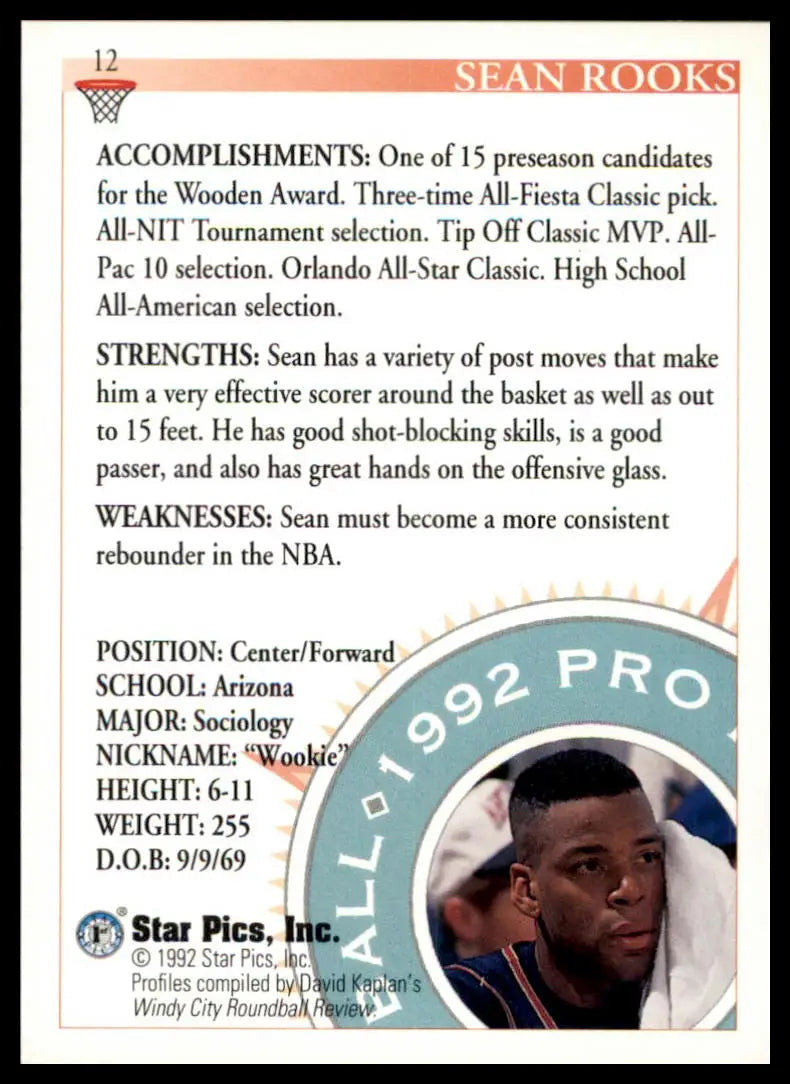 Sean Rooks basketball card from Star Pics series featuring Sean Rooks in Arizona Wildcats uniform