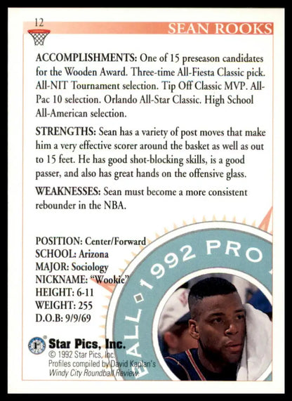 Sean Rooks basketball card from Star Pics series featuring Sean Rooks in Arizona Wildcats uniform