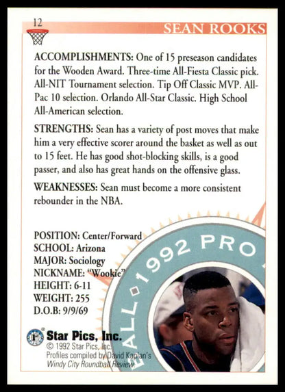 Sean Rooks basketball card from star pics series, featuring Sean Rooks in Arizona Wildcats jersey