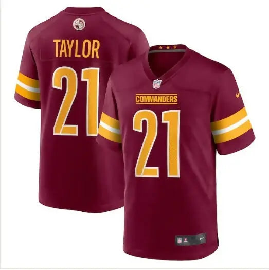 Maroon and gold Washington Commanders Sean Taylor jersey with number 21 for game day