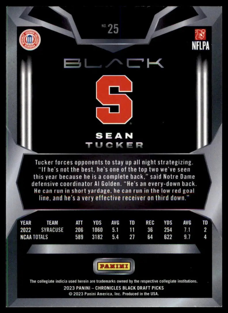Sean Tucker football card from Panini Chronicles Draft Picks 2023 Syracuse Orange