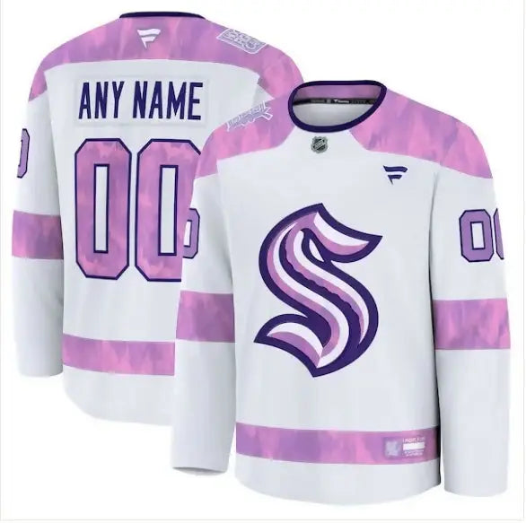 White and purple Seattle Kraken Hockey Fights Cancer practice jersey with customizable name and number