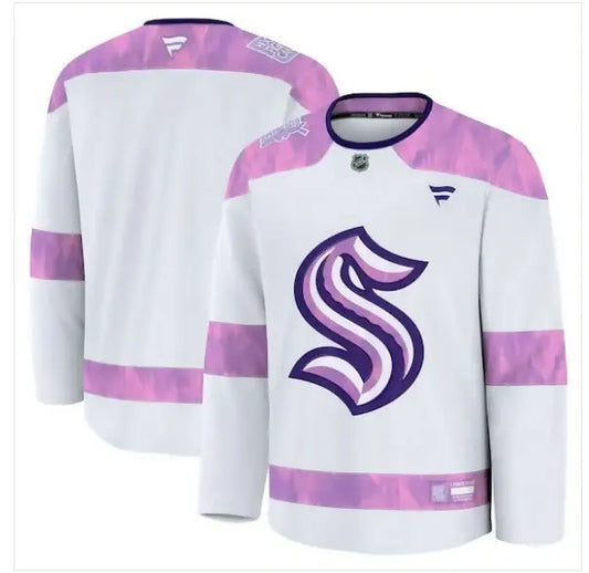 White Seattle Kraken 2024 Hockey Fights Cancer Practice Jersey with purple and pink accents and large S logo