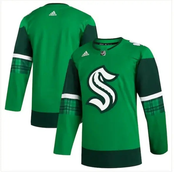 Green Adidas Seattle Kraken St. Patrick’s Day hockey jersey with plaid sleeves and S logo
