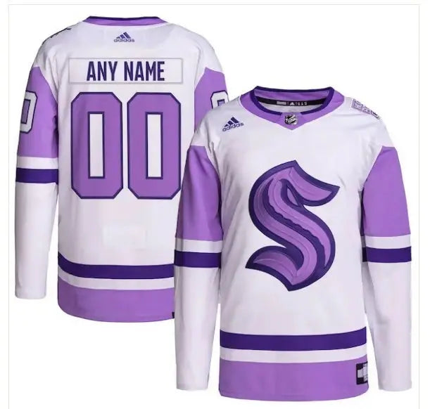 White and lavender Seattle Kraken hockey jersey with purple S logo and customizable name and number