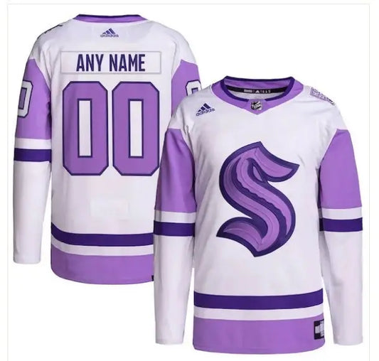 White and lavender Seattle Kraken hockey jersey with purple S logo and customizable name and number