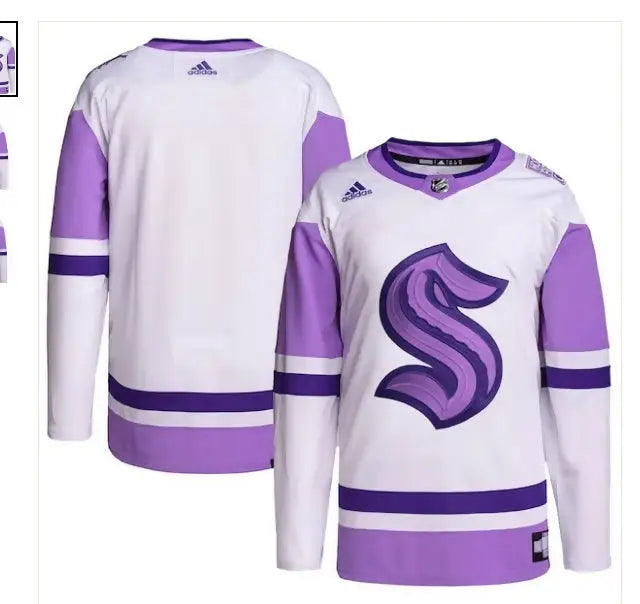 White and purple Seattle Kraken hockey jersey with S logo for Hockey Fights Cancer