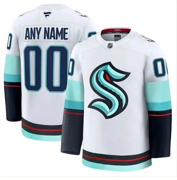 White and teal Seattle Kraken hockey jersey with personalized name and number