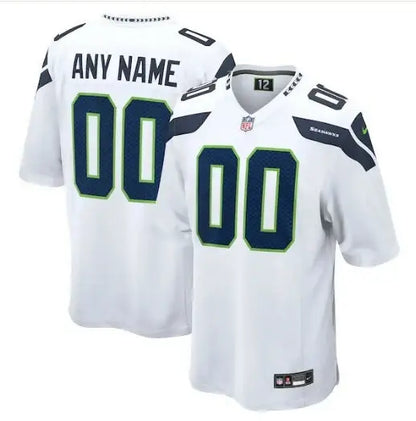 Seattle Seahawks Nike white football jersey with navy blue lime green accents and number 00