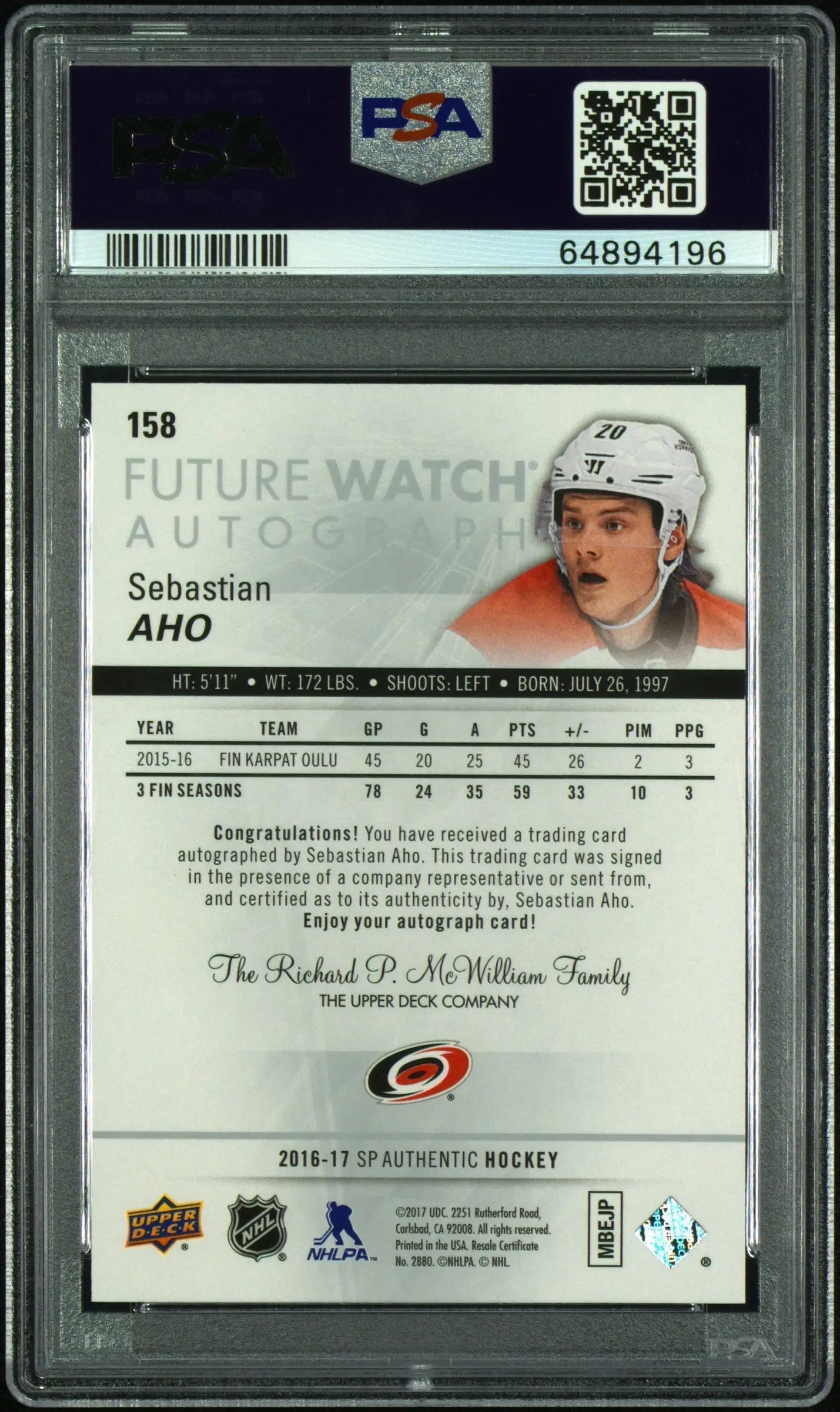 Sebastian Aho 2018 SP Authentic Autograph #158 PSA 9 Auto 10 - Singles