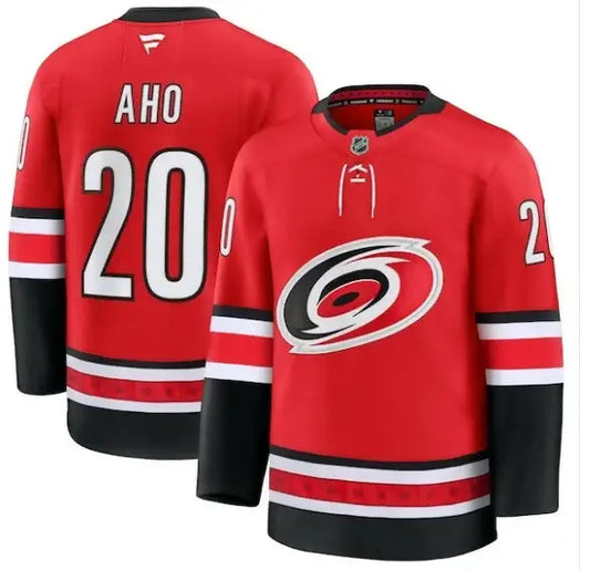Red Carolina Hurricanes hockey jersey featuring Sebastian Aho alternate premium design