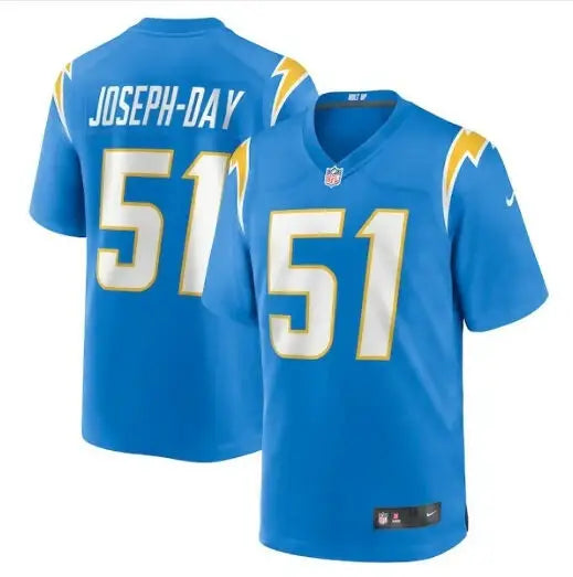 Blue Los Angeles Chargers Nike game jersey with number 51 and Joseph-Day name